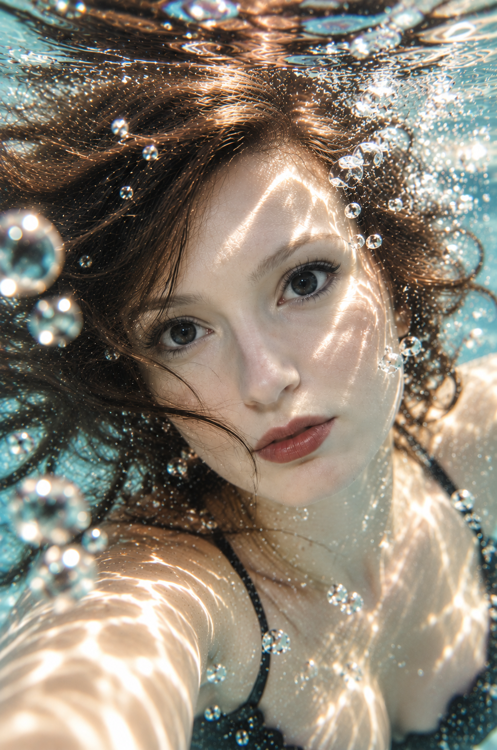 A young woman with fair skin and gray eyes underwater, with waterlight reflections on her face and hair, surrounded by bubbles.