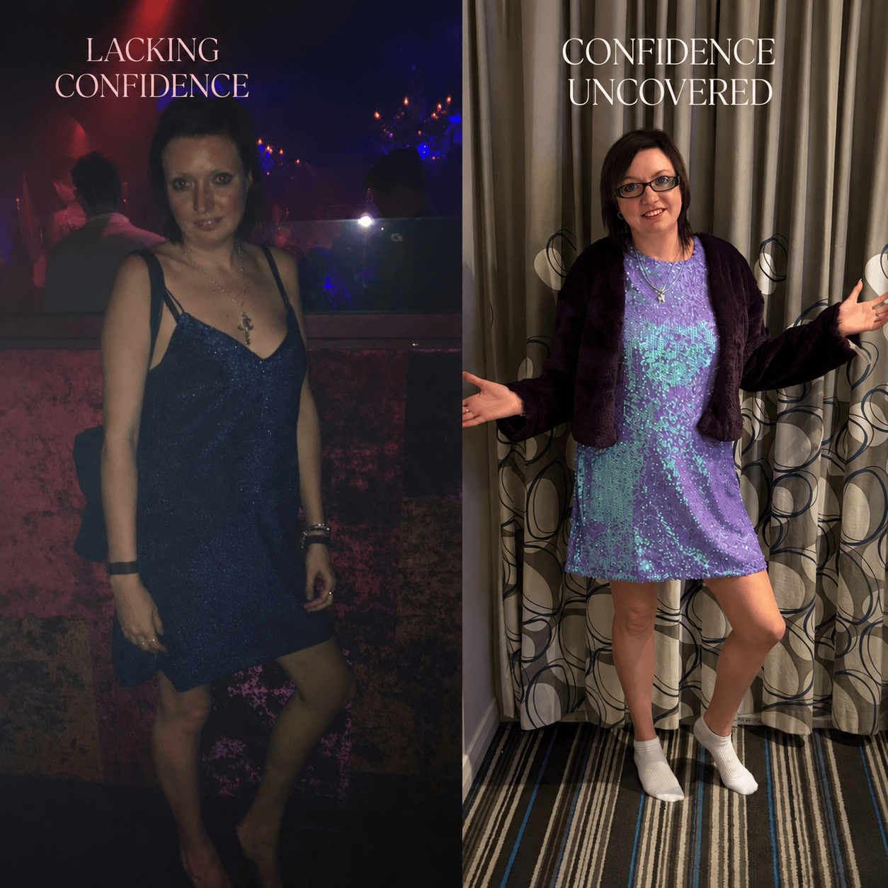 Side-by-side comparison of a woman in a shiny blue dress, on the left in a dimly lit environment with the caption "LACKING CONFIDENCE," and on the right in a well-lit room with the caption "CONFIDENCE UNCOVERED," demonstrating a transformation from lack of confidence to confidence.
