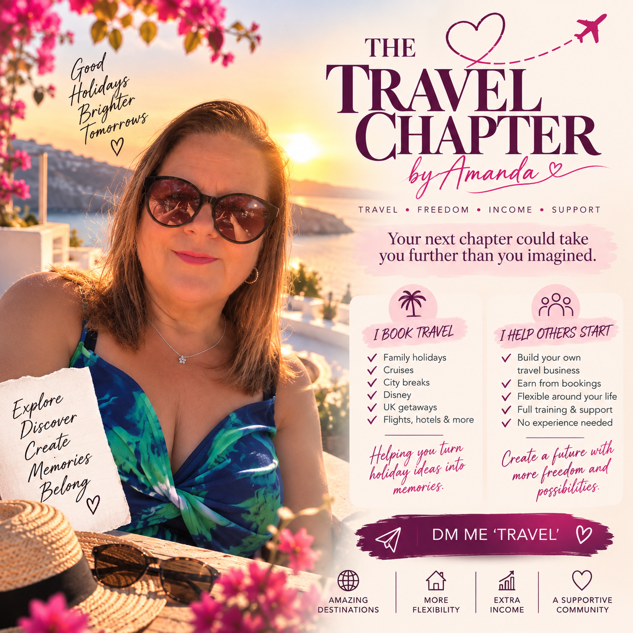 A woman with sunglasses and a blue-green dress sits outdoors at sunset, with water and a hillside in the background. Pink flowers frame the scene, and the image promotes travel planning, offering advice on booking travel and helping others start a travel business.