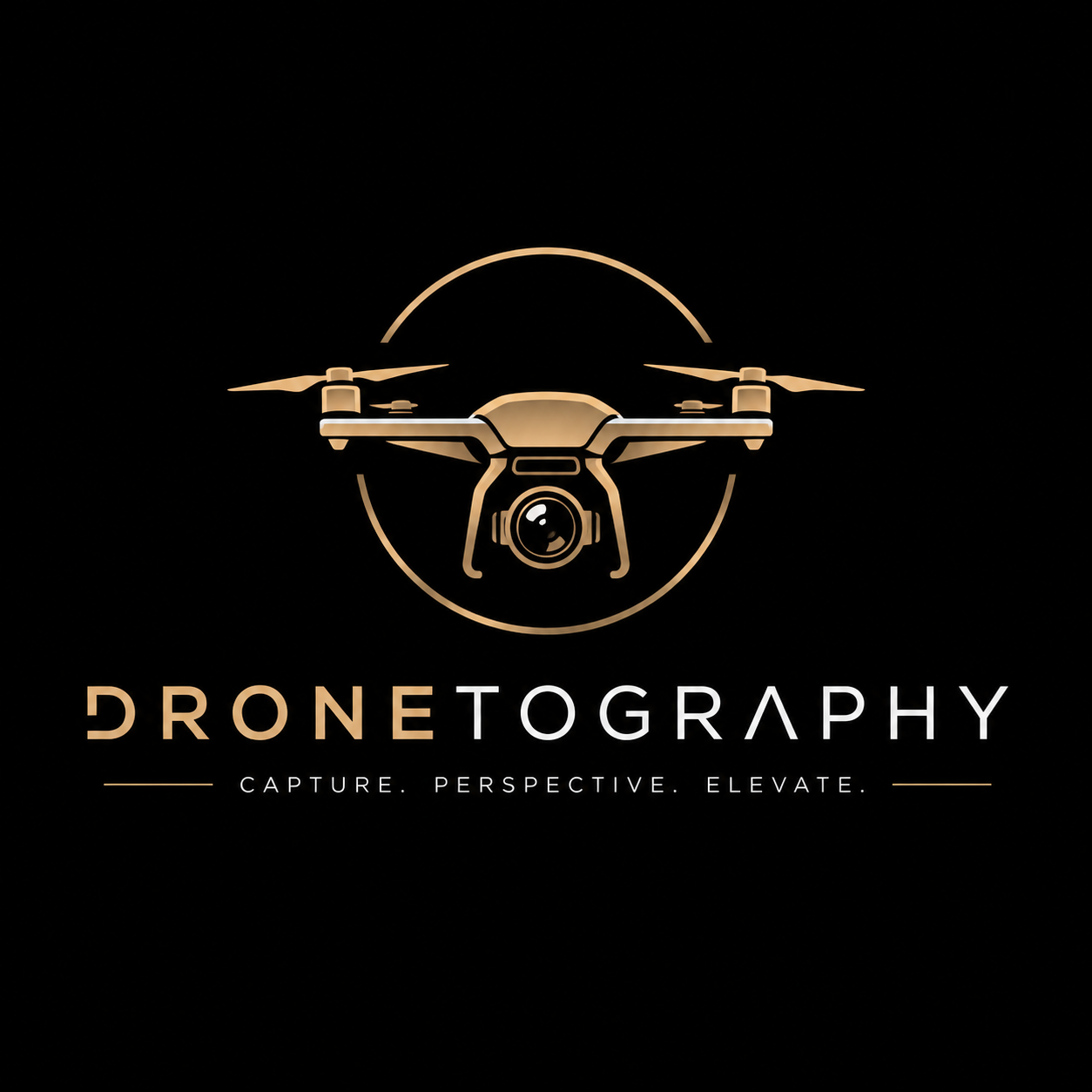 Logo for DroneTography featuring a drone with a camera, with the text "DRONE TOGRAPHY" and the tagline "Capture. Perspective. Elevate."