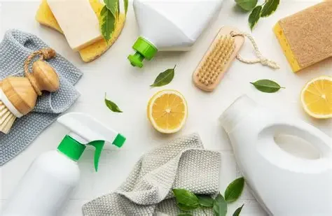 Cleaning supplies and lemon halves on a white surface, including spray bottles, sponges, a scrub brush, and fresh green leaves.