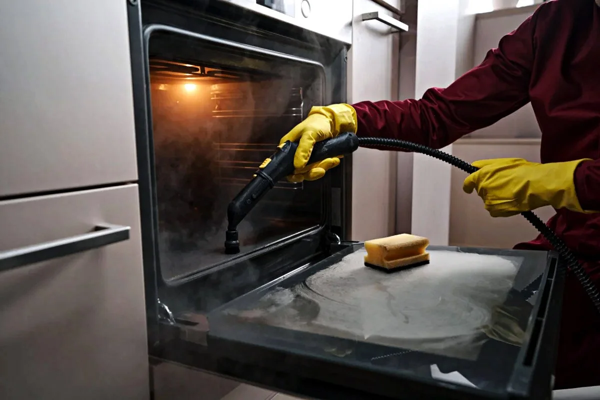 Person wearing yellow gloves cleaning the inside of an oven with a handheld steam cleaner in a kitchen.