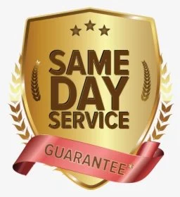 Gold badge with black stars, text 'SAME DAY SERVICE' and pink ribbon with 'GUARANTEE+'.