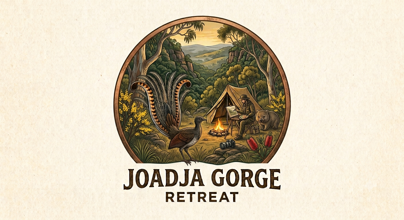 An illustration of a campsite in Joadja Gorge with a tent, campfire, binoculars, a person painting, a bear, a turkey, and lush greenery with trees and mountains in the background.