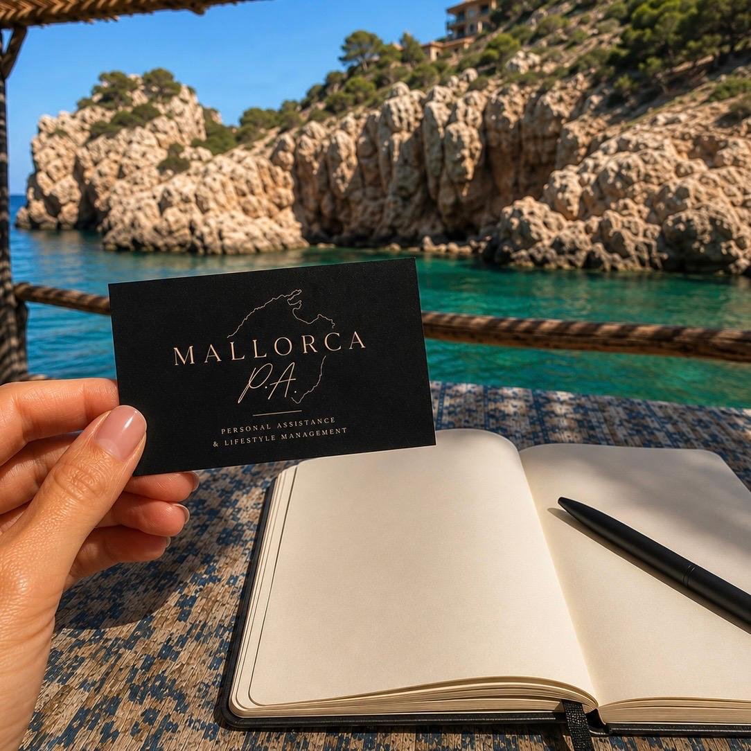 Hand holding a black business card with 'Mallorca P.A.' and a map outline of Mallorca, placed on an open blank notebook with a black pen, overlooking rocky coast and turquoise water