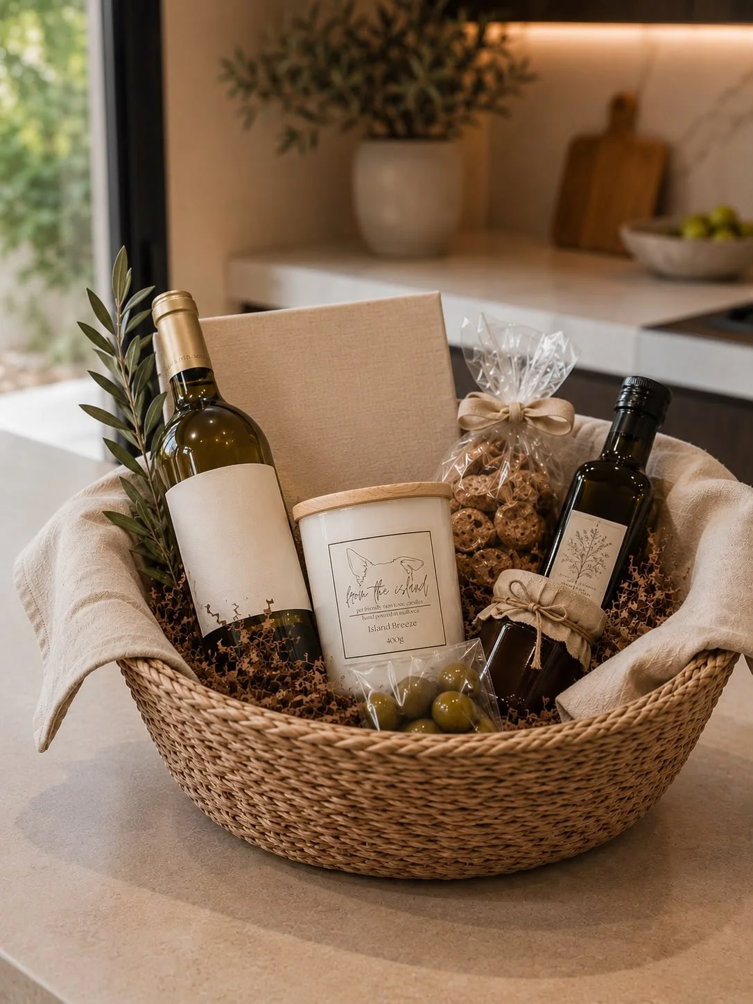 A gift basket containing a bottle of white wine, a jar of green olives, a bag of cookies, a bottle of olive oil, and a candle, all arranged on a beige table in a modern kitchen.