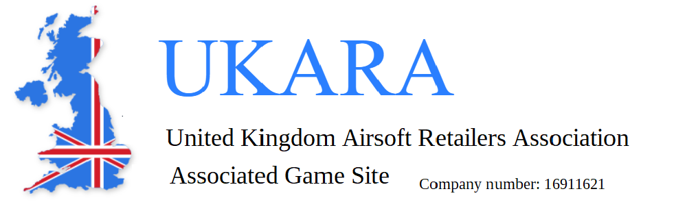 Logo for UKARA, United Kingdom Airsoft Retailers Association, featuring a silhouette map of the UK with a Union Jack flag design, and text with organizational details.