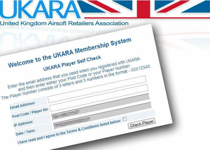 Screen of a webpage for the UKARA Membership System, part of the United Kingdom Airsoft Retailers Association, with fields for email, postal code, player number, IP address, date, and a check box for terms and conditions.