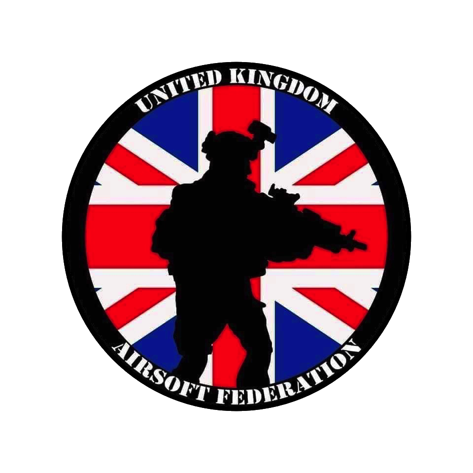 A circular logo with a silhouette of a soldier holding a rifle against a background of the Union Jack, with the text 'United Kingdom Airsoft Federation' surrounding the image.
