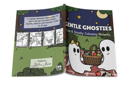 Mockup of the Gentle Ghosties colouring book showing the cover and back