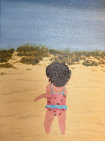 Acrylic painting of a little girl in the sand at the beach wearing a pink bathing suit with a watermelon print