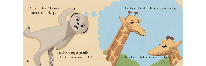 Picture book spread of Chester the meerkat wondering what it would be like to be a giraffe