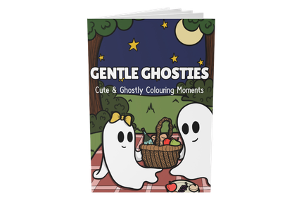 Mockup of the Gentle Ghosties colouring book front showing two ghosts having a picnic at night
