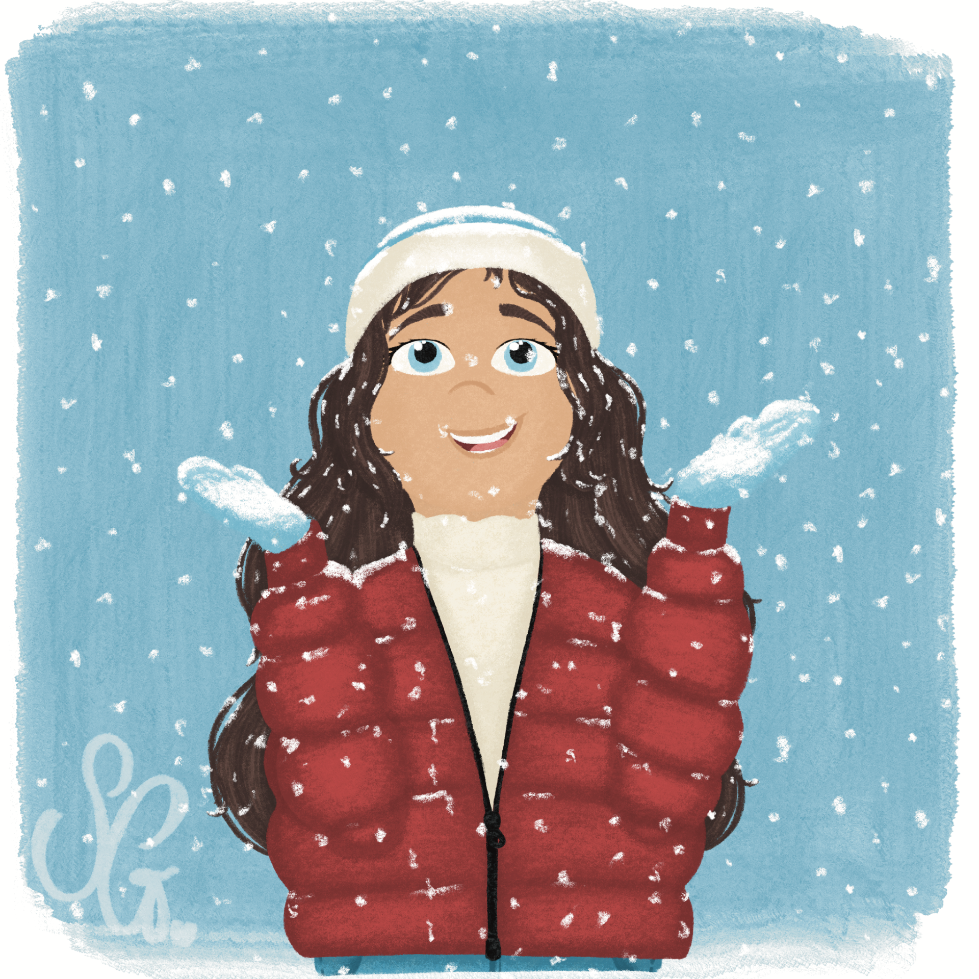 Illustration of a smiling girl in a winter coat, gloves and hat, looking up at the falling snow