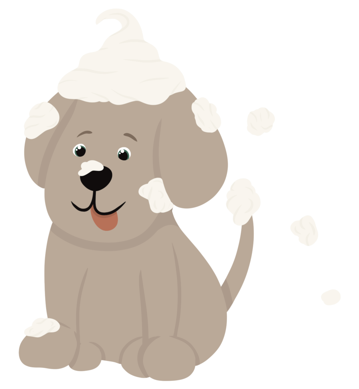 Illustration of a happy dog with shampoo foam on its head for a pet grooming brand