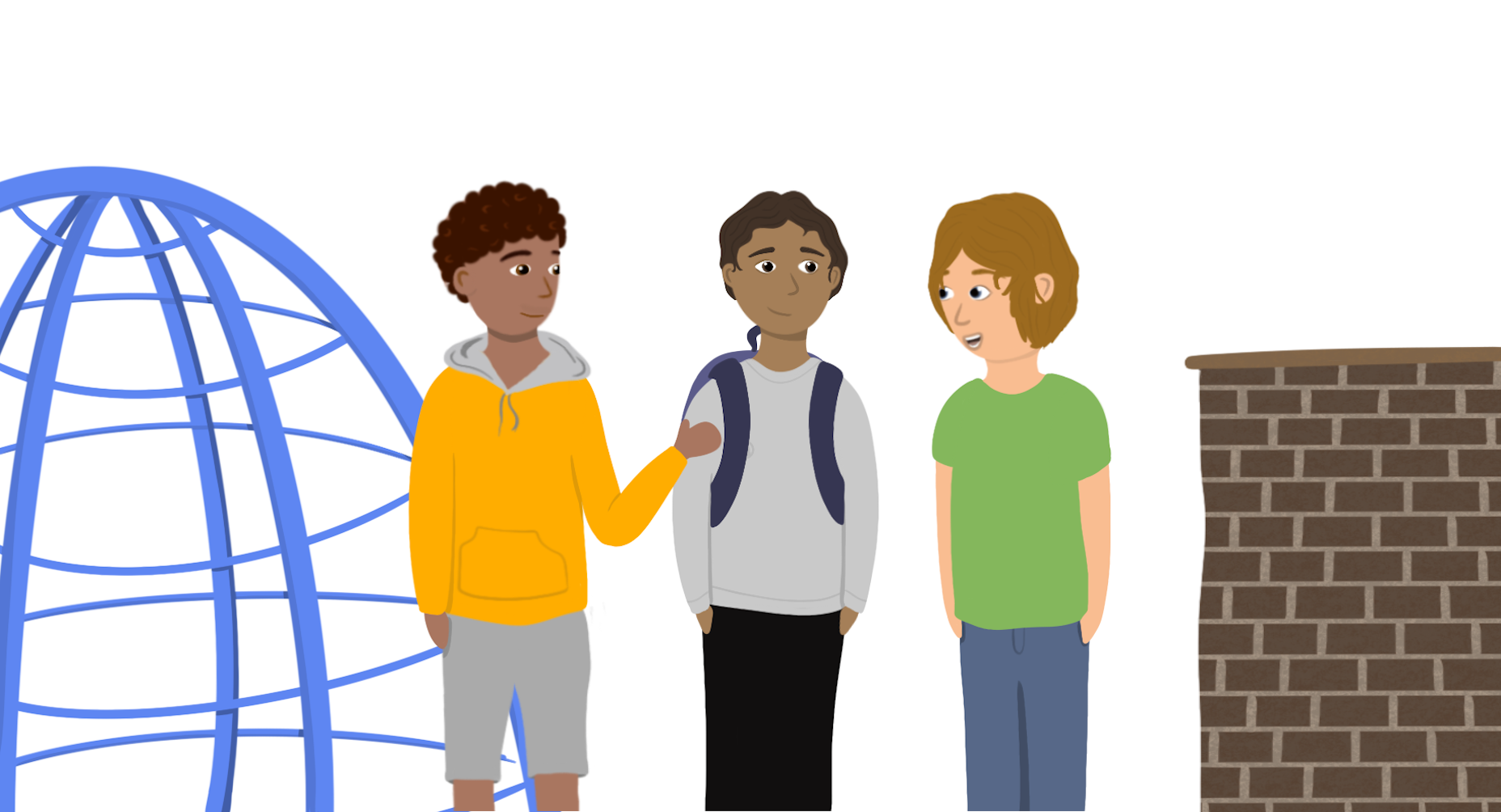 Illustration of three teenagers chatting in the school's playground
