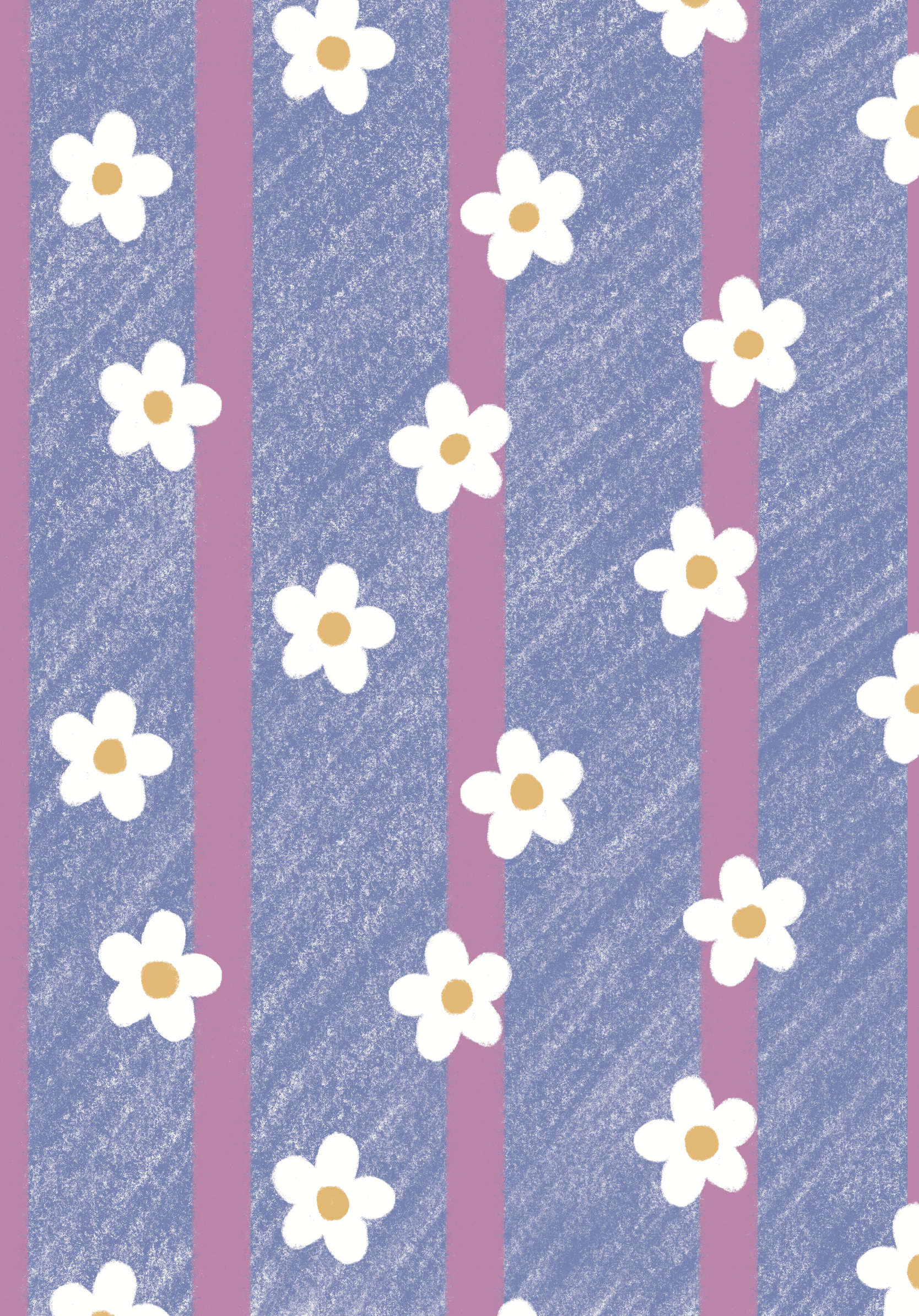 Pattern design of daisies against a purple and pink striped background