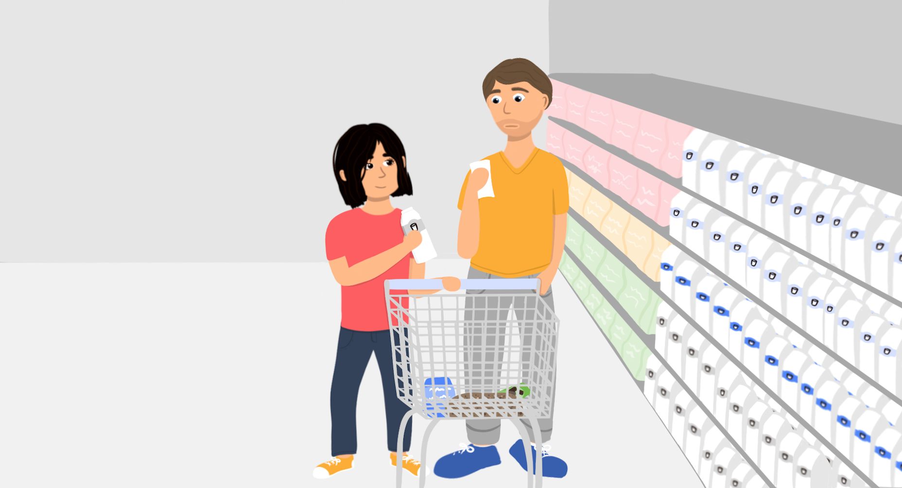Illustration of a father looking lost in the supermarket holding a shopping list while his child tries to help by getting the milk