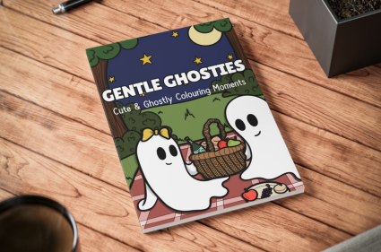 Mockup of the Gentle Ghosties colouring book lying closed on a table