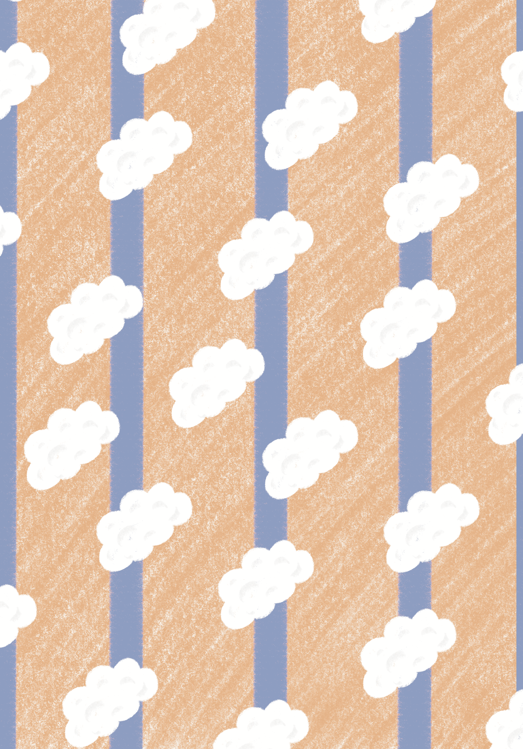 Pattern design of clouds against a peach and blue striped background