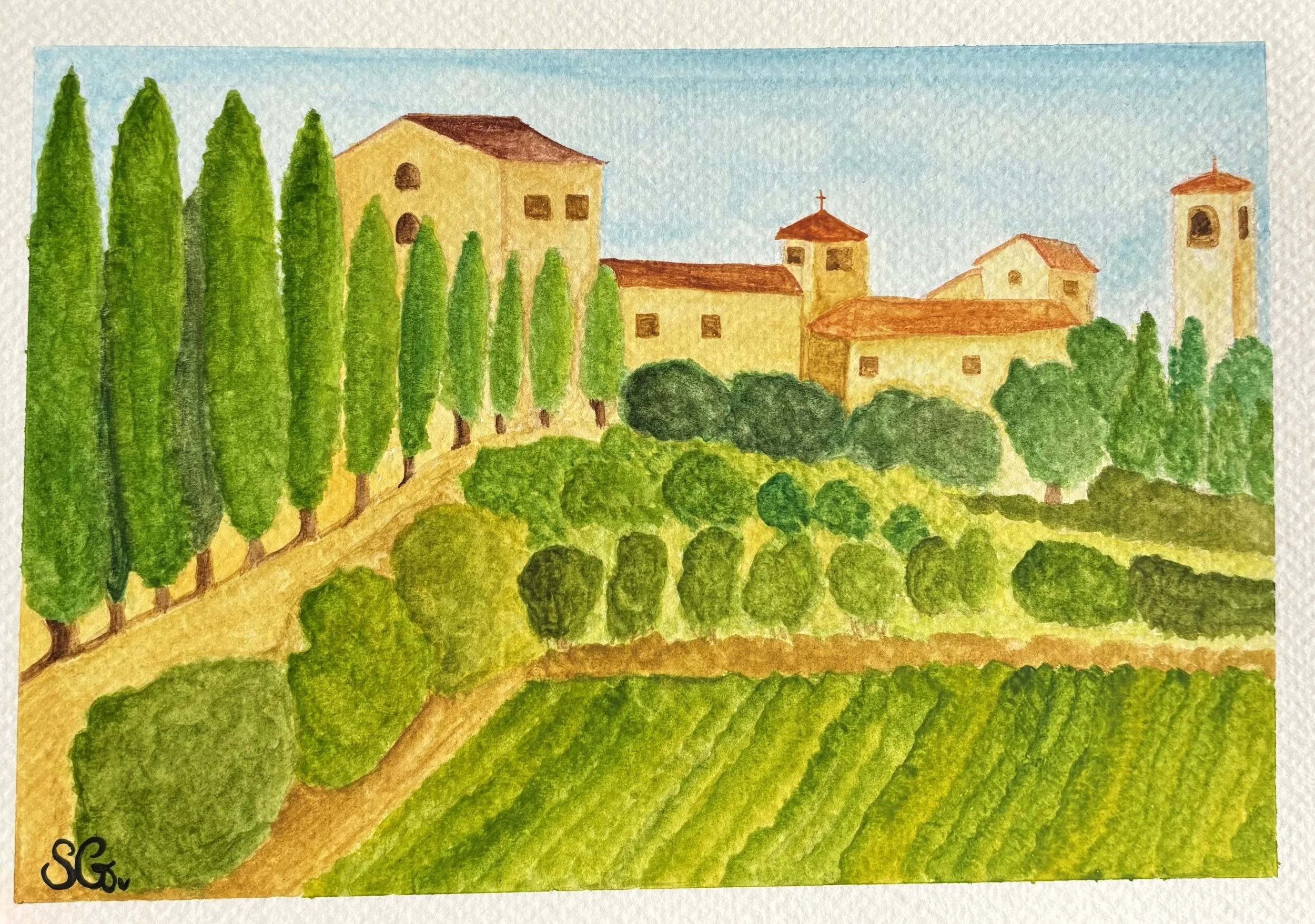 Watercolour painting of a Tuscan village in Italy