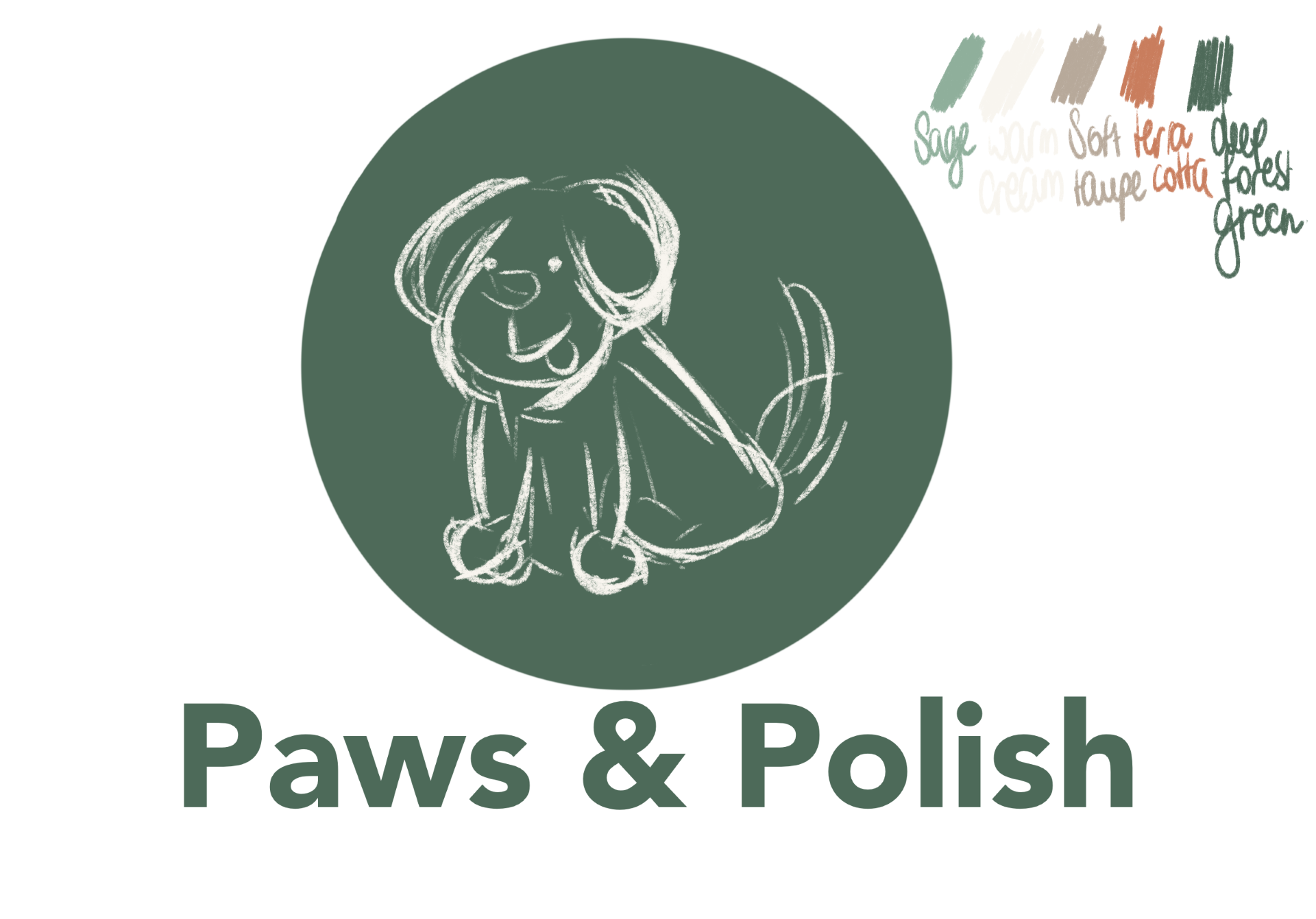 Branding identity sheet showing the Paws & Polish logo with the sketch of a dog and their brand colours