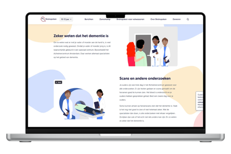 Mockup image of a laptop displaying a section of the Breinspoken website with a few illustrations