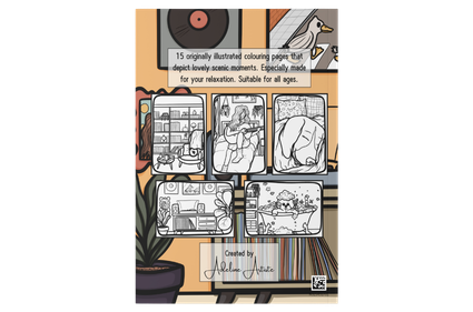 Mockup of the back of the Cosy Comfort colouring book showing some text and five of the colouring pages featured in the book