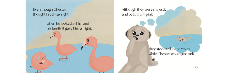Picture book spread of Chester realising that he couldn't be a flamingo because he would drown in the water