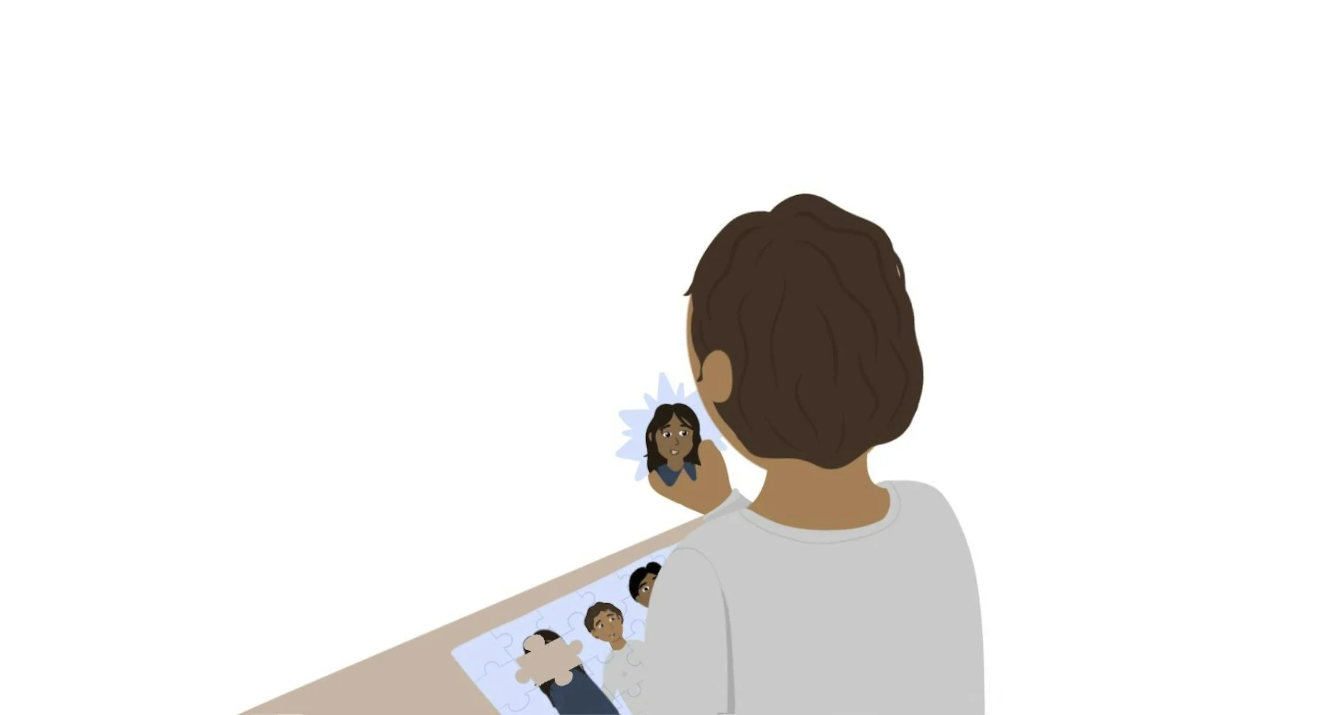 Illustration of a child holding the missing puzzle piece to a puzzle that shows them and their family