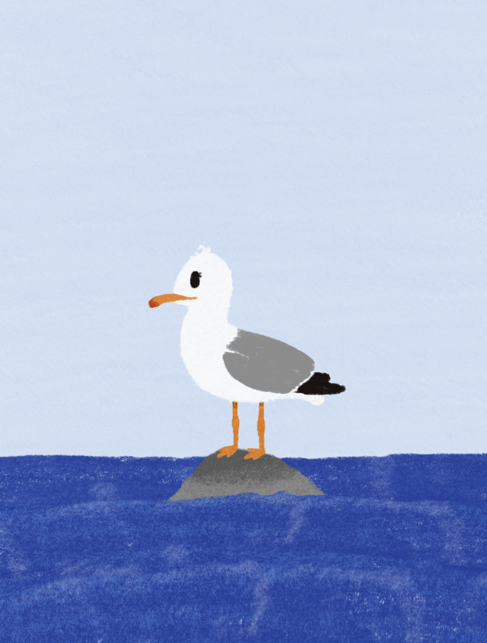 Illustration of a seagull standing on a rock in the middle of the ocean