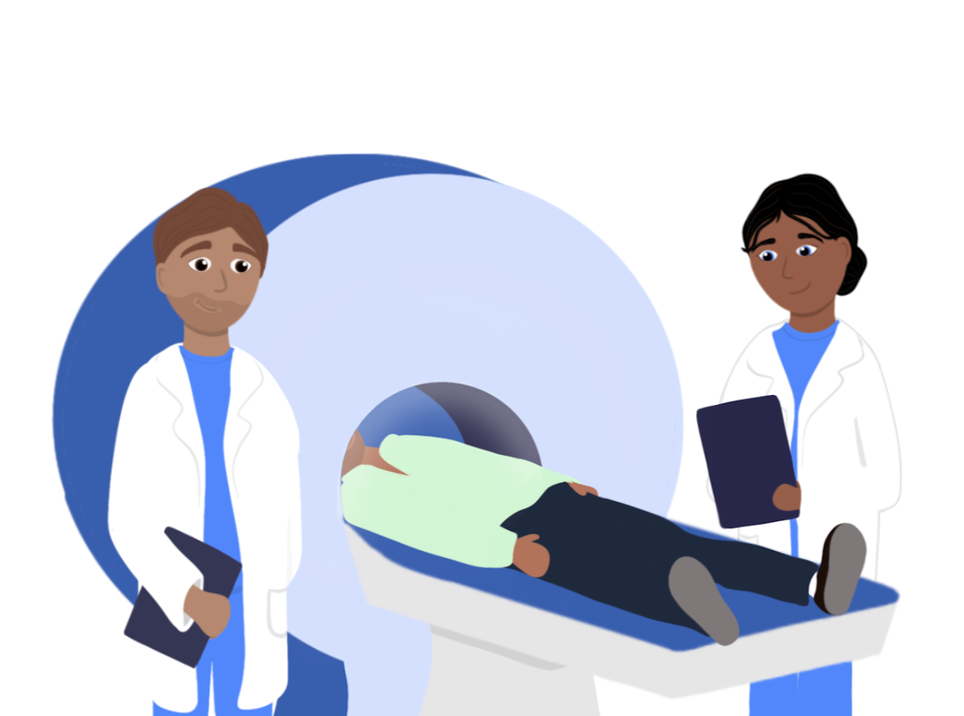 Illustration of two medical professionals overseeing an MRI scan of a patient with Alzheimer's