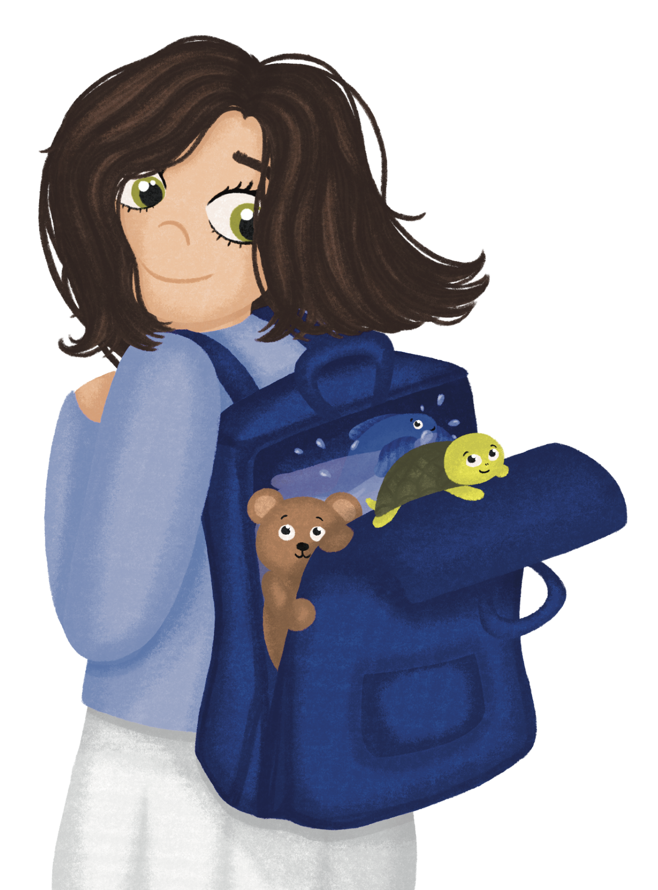 Illustration of a girl looking over her shoulder at her backpack containing a bear, a turtle and a fish in a bowl