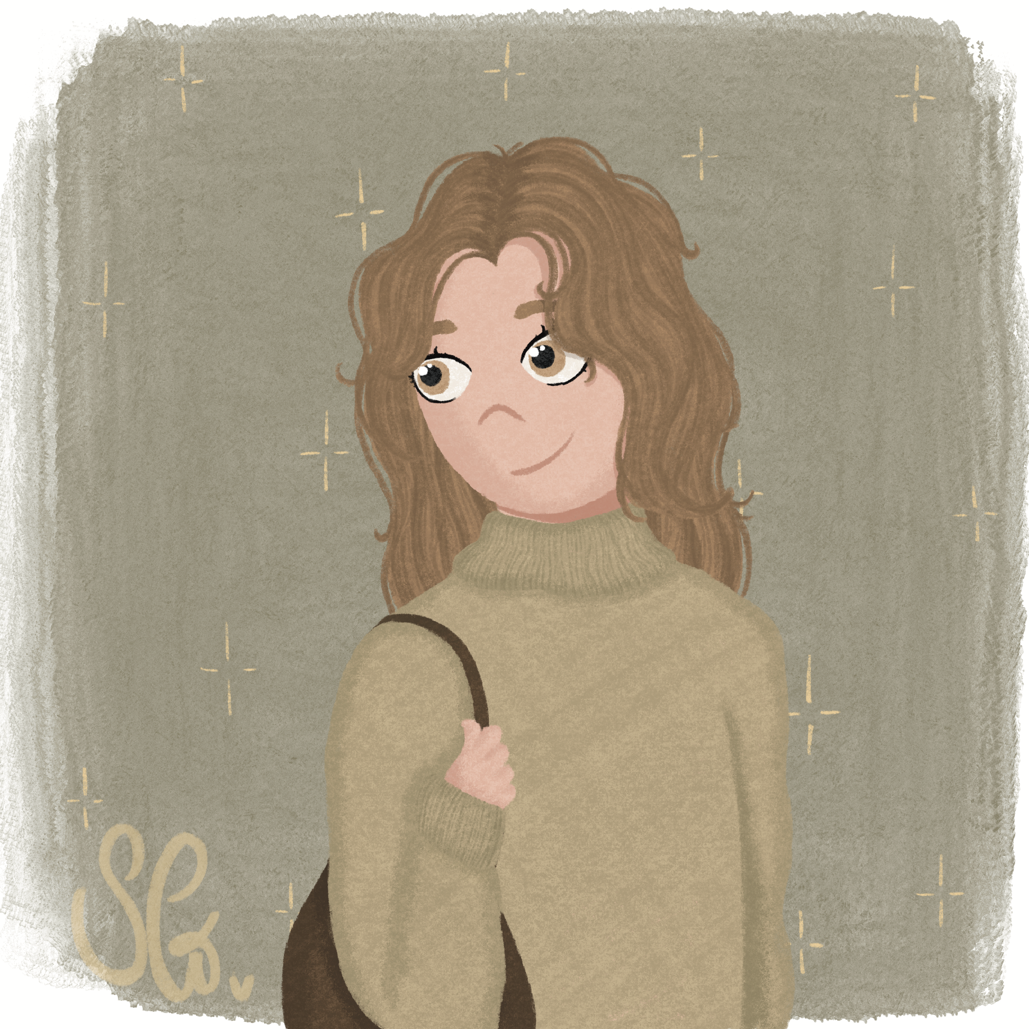 Illustration of a girl with a content expression on her face, look outwards of the frame while holding a bag over her shoulder