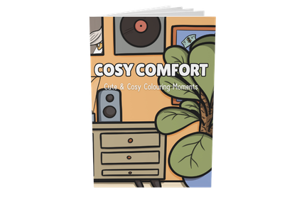 Mockup of the Cosy Comfort colouring book front showing a living room with a plant and a vinyl record on the wall