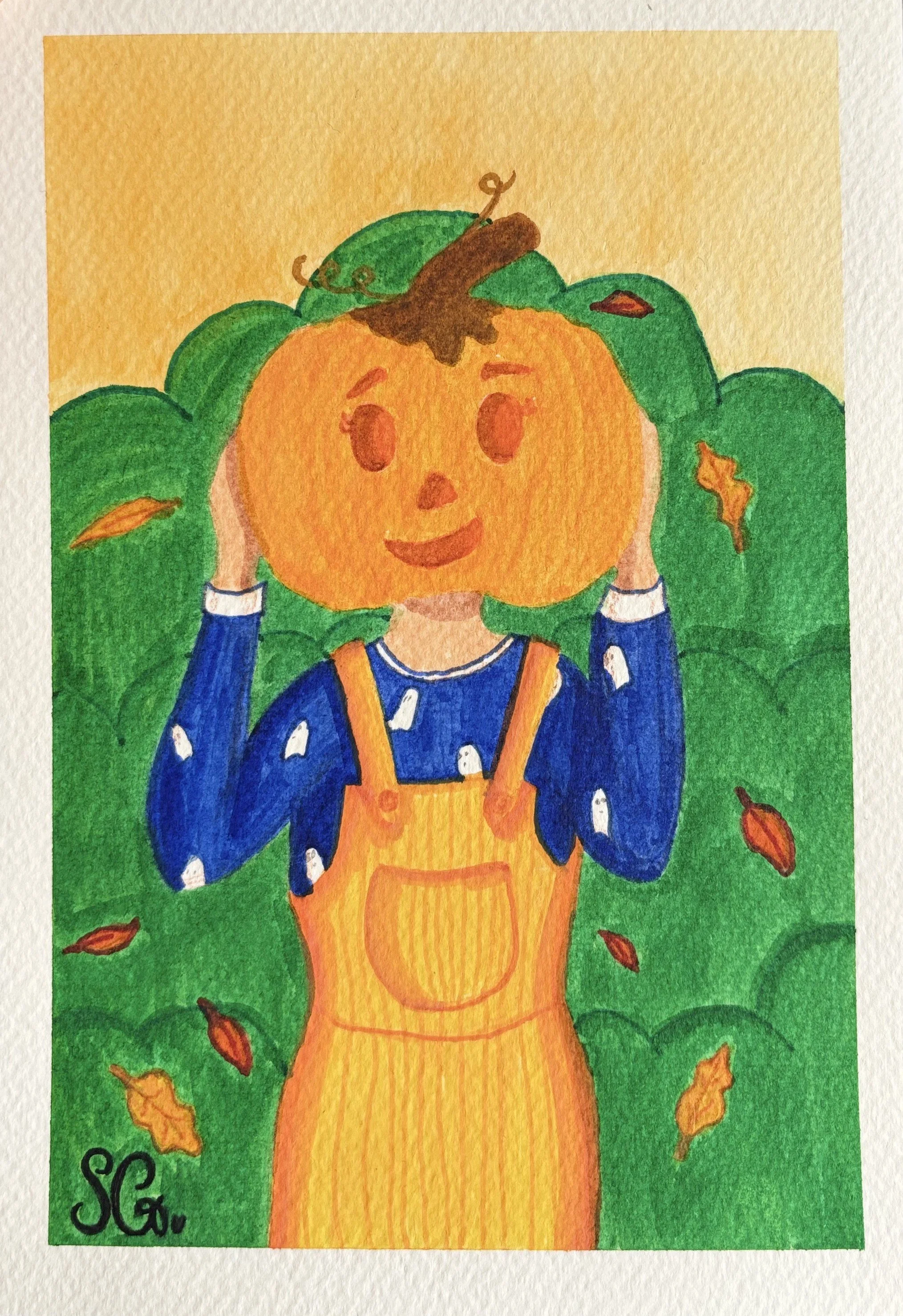 Watercolour painting of a girl wearing a pumpkin for a head in an autumnal setting