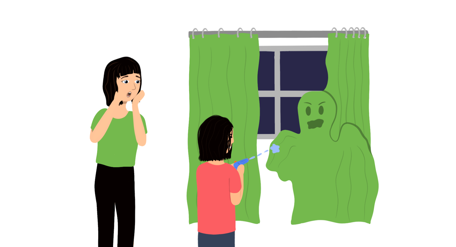 Illustration of a child shooting an imaginary ghost in the curtains with a water pistol while their mother is scared
