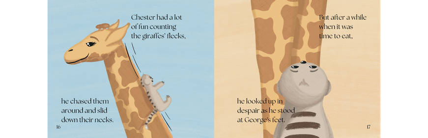 Picture book spread of Chester the meerkat having fun with the giraffes before realising that there are also challenges
