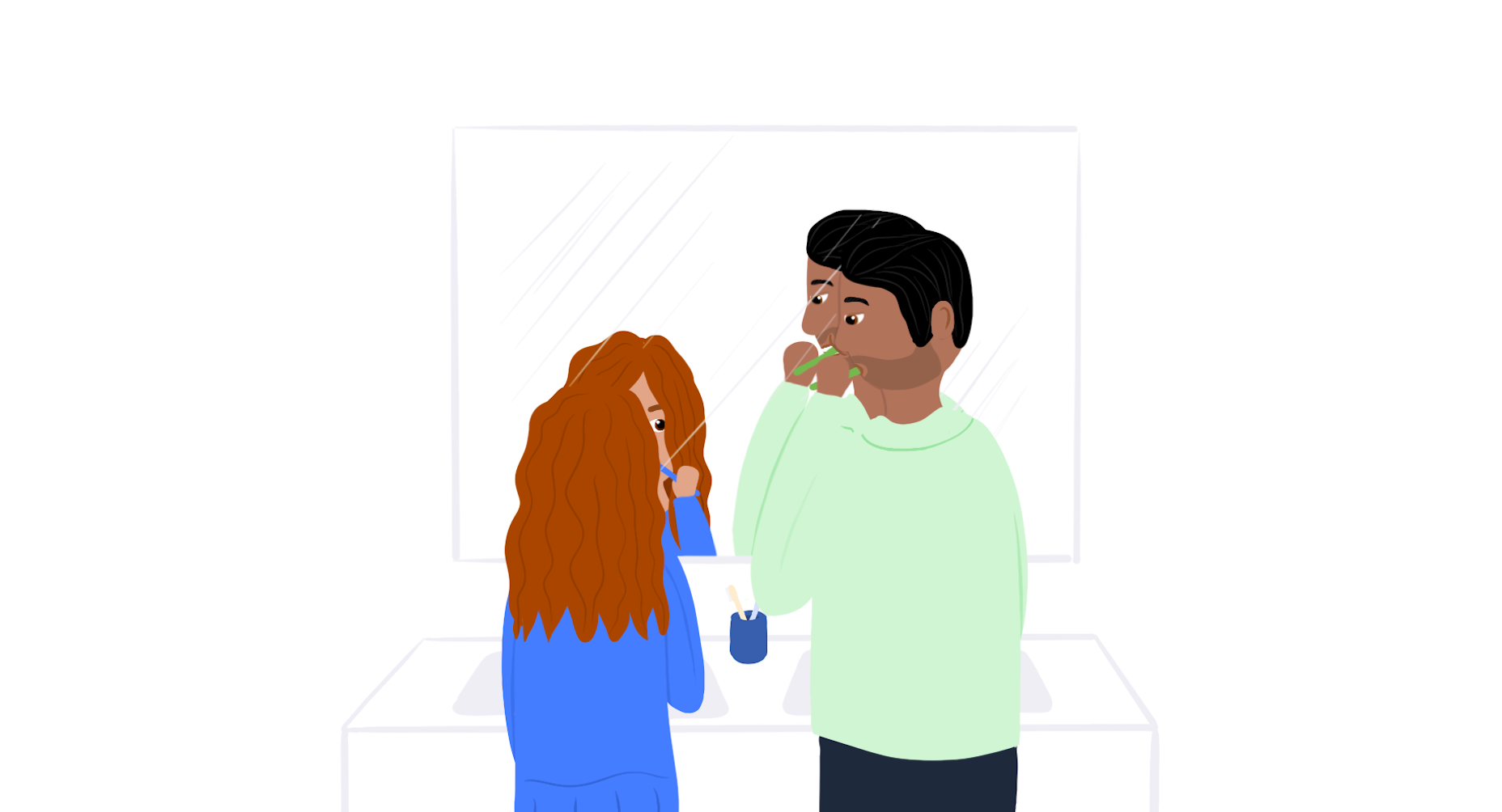 Illustration of a dad looking at his daughter brushing her teeth so he knows how to brush his teeth