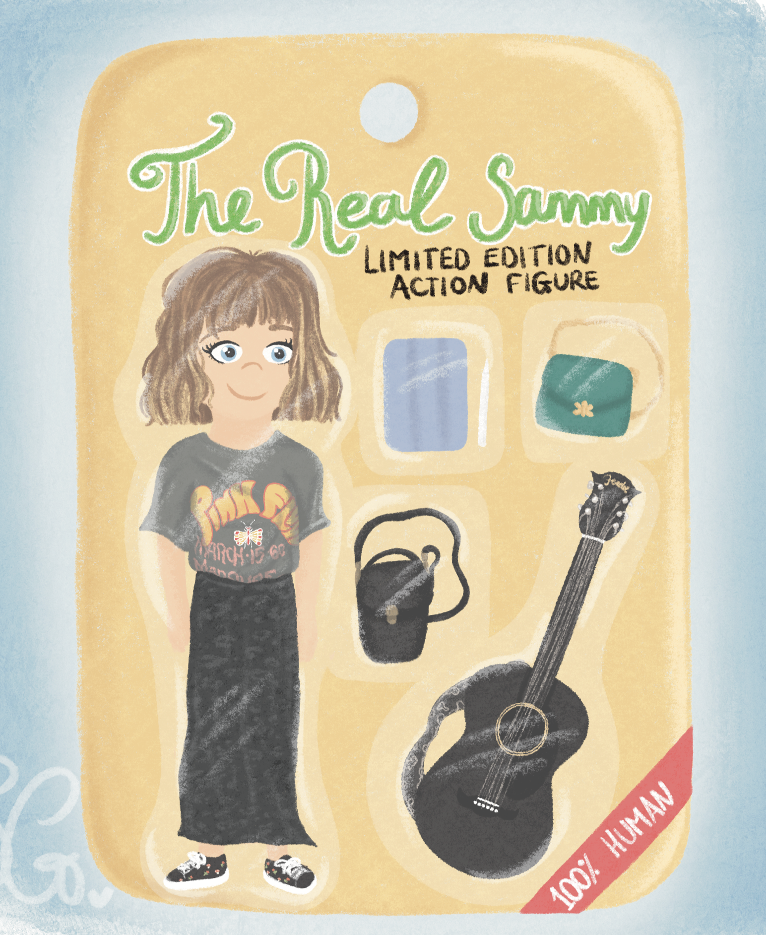 Illustration of Sammy Godding as an action figure in a box