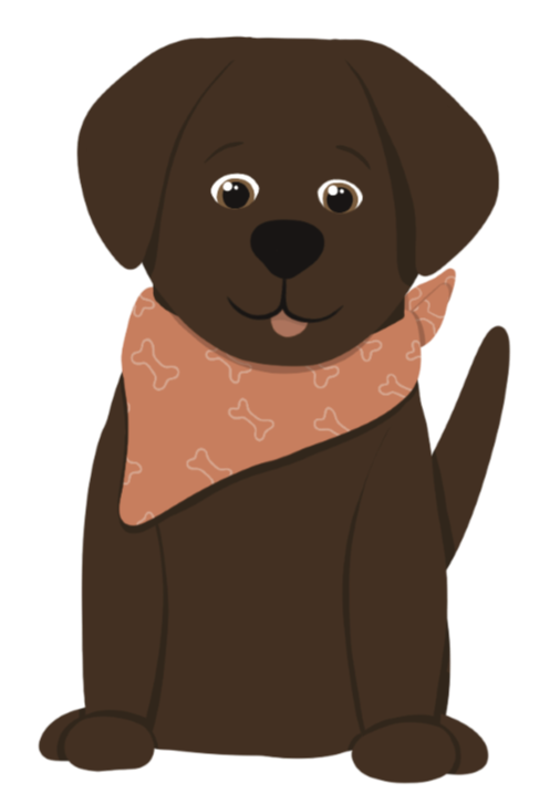 Illustration of a happy groomed dog wearing a bandana with bones on it