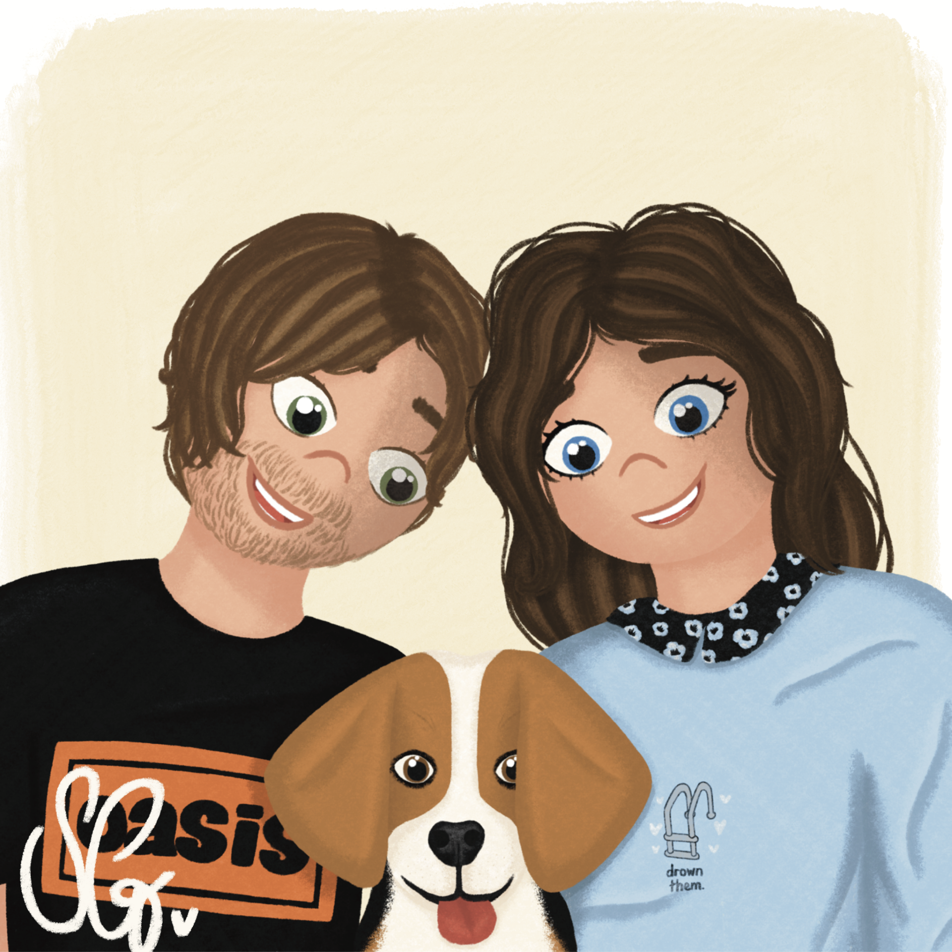 Illustration of illustrator Sammy Godding, her boyfriend and their Beagle