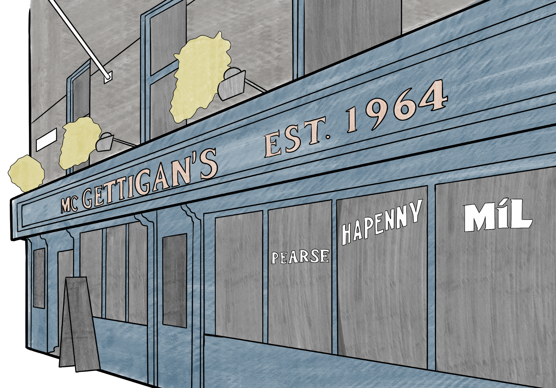 Architectural illustration of McGettigan's Townhouse in Dublin, Ireland