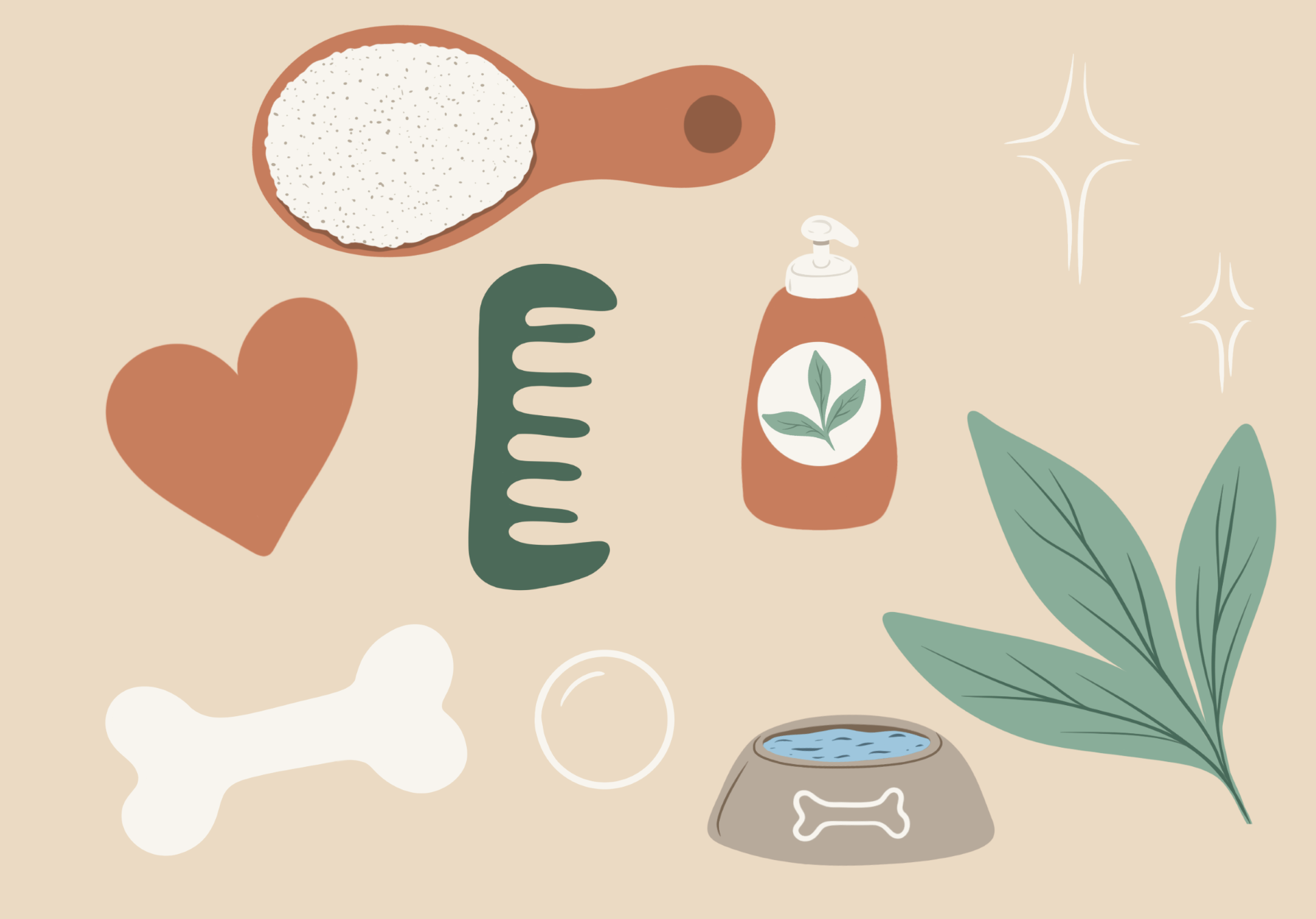 Illustration showing icons of a heart, bone, brush, comb, bubble, water bowl, and a shampoo bottle, stars and leaves