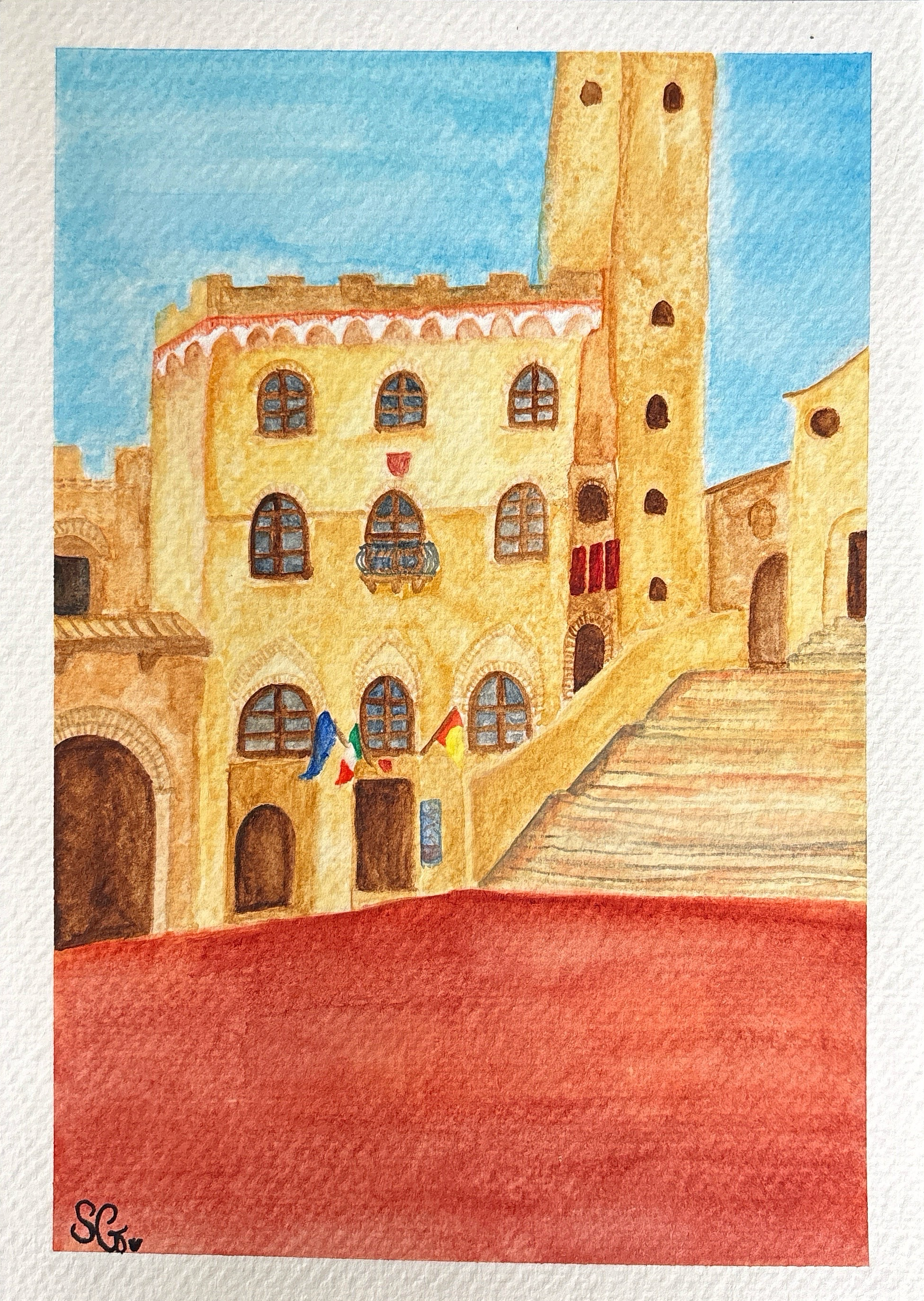 Watercolour painting of a square in San Gimignano, Italy