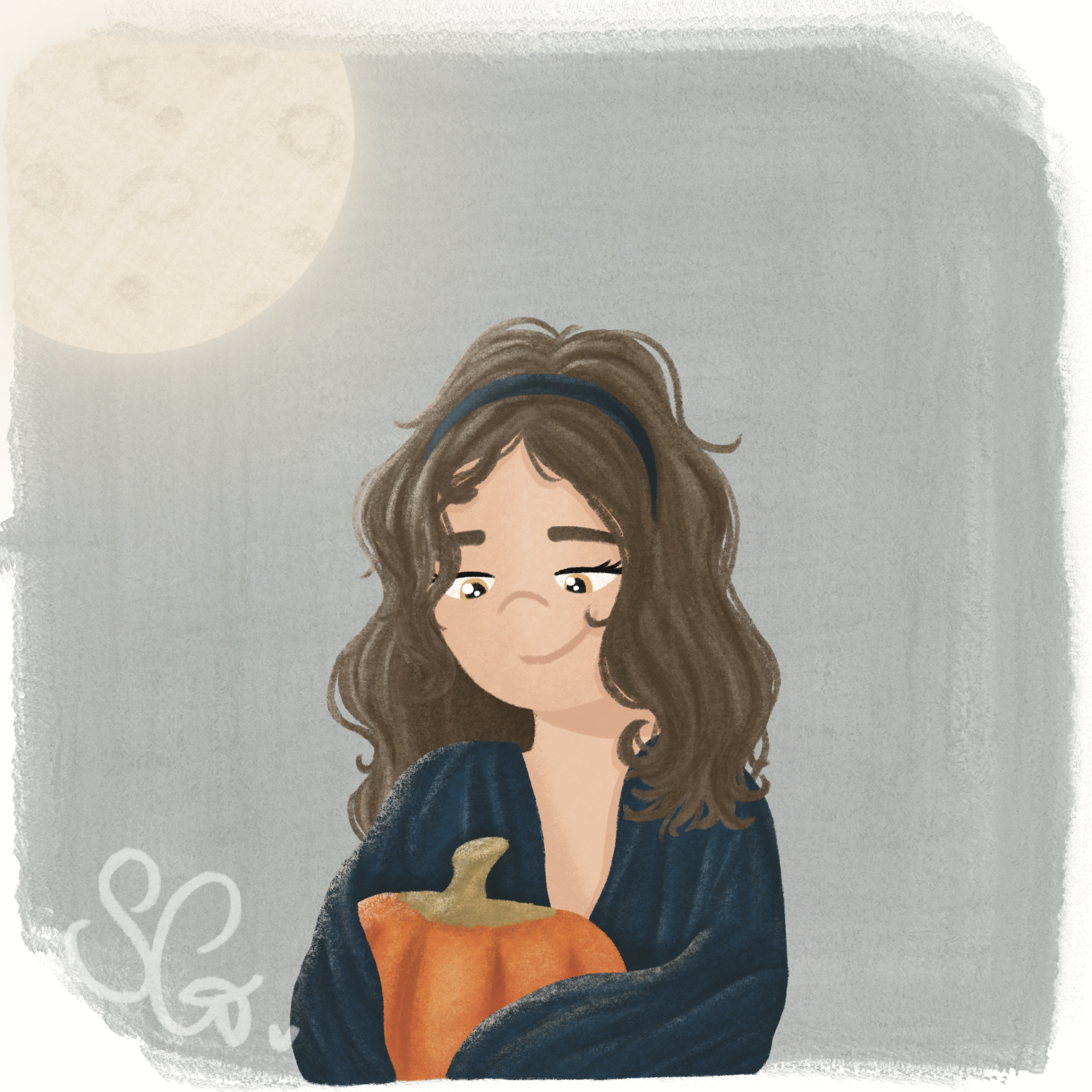 Illustration of a girl looking contently at the pumpkin she's holding under a full moon