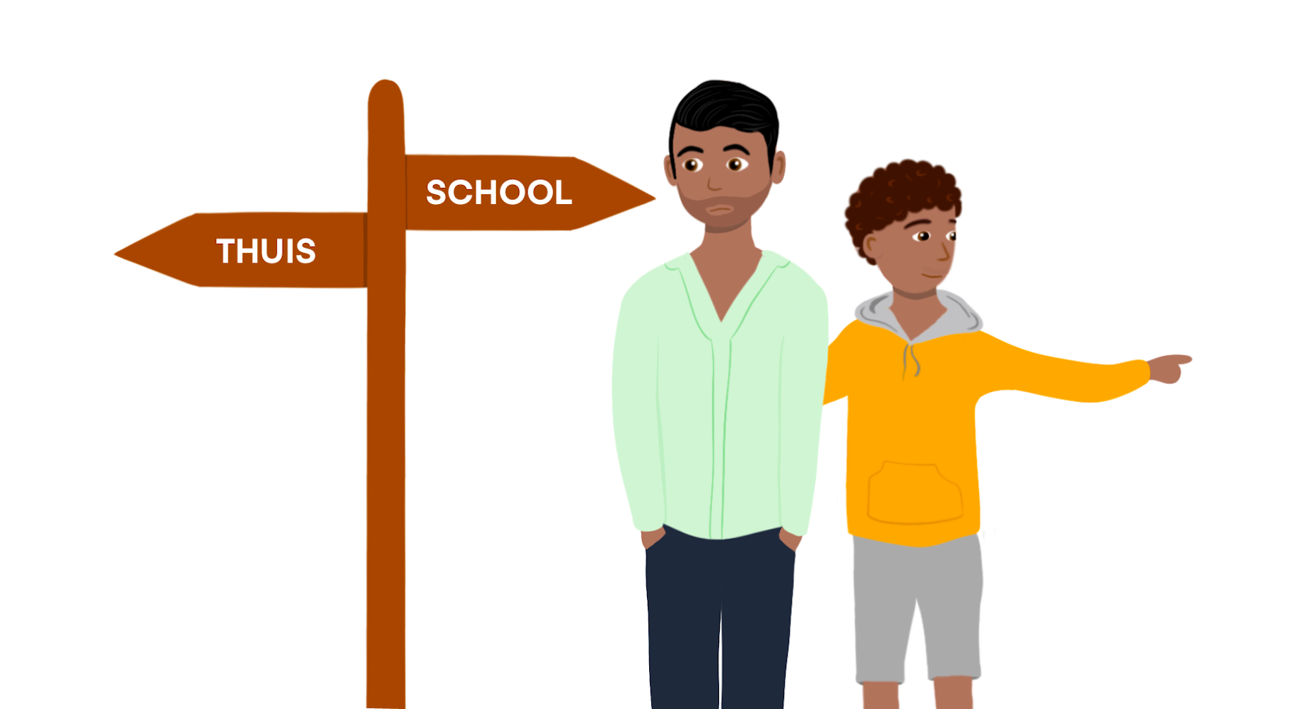 Illustration of a son showing his dad the way to get home