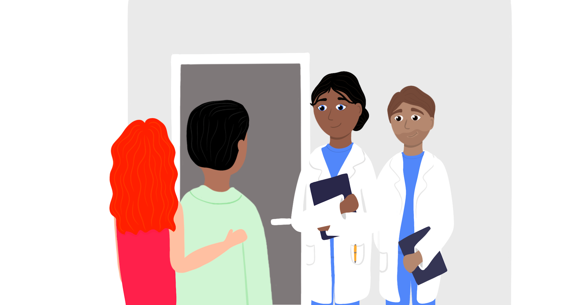 Illustration of two medical professionals talking to a patient and his wife