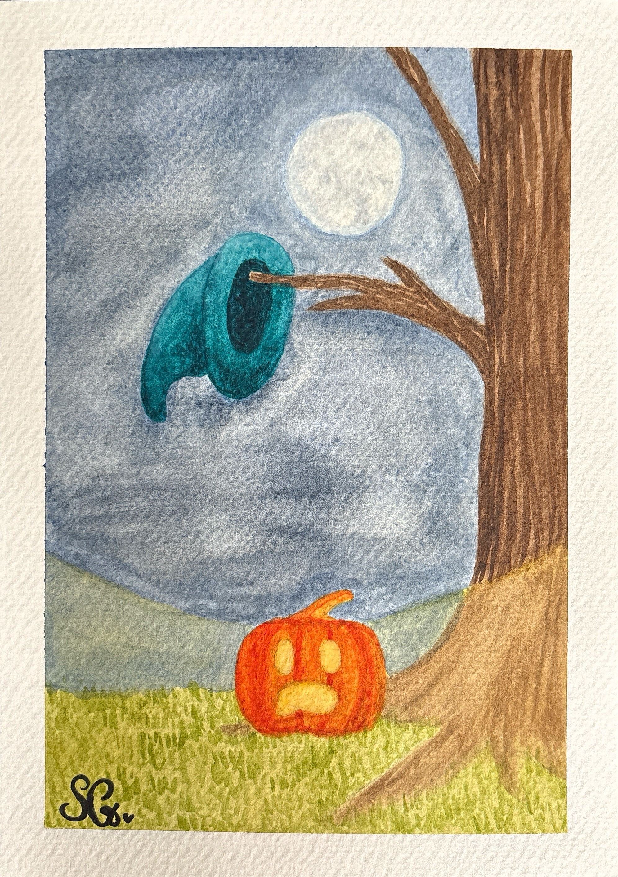 Watercolour painting of a pumpkin underneath a tree in the moonlight
