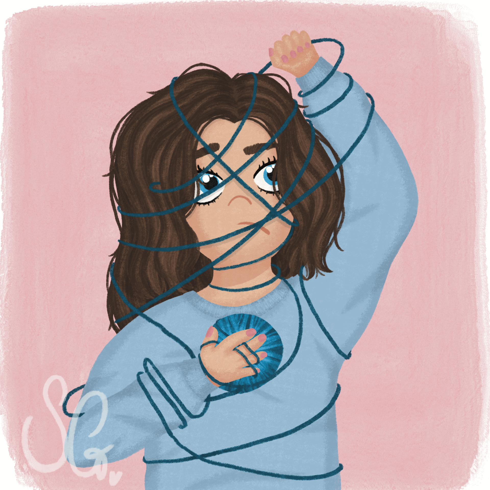 Illustration of a girl trying to untangle the blue thread wrapped around her